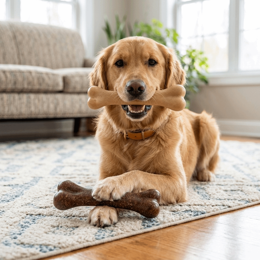 لعبة مضغ على شكل عظمة برائحة ا - مراجعة Teeth Cleaning Dog Chew Bone وسعره